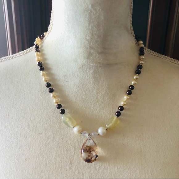 Handcrafted repurpose genuine ghost quartz pendant Czech glass Pearl necklace - Picture 3 of 16